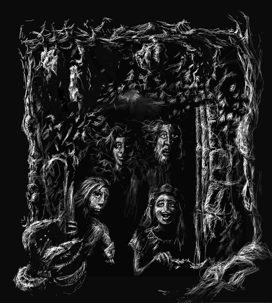 Art by David Nickle of four ghostly figures entombed in a dilapidated and overgrown structure.